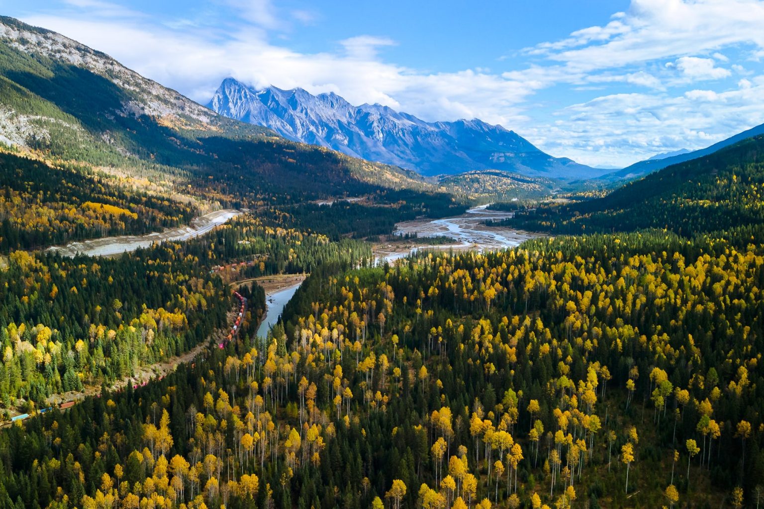 Kicking Horse River with fiery fall colors